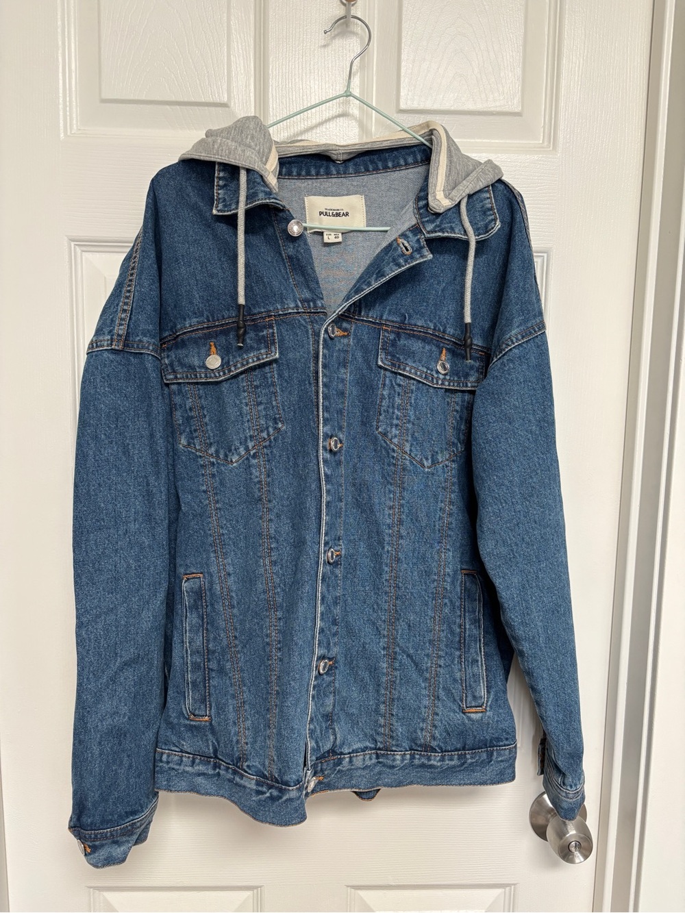 Pull&Bear Men Blue Denim Jacket with removable Grey Hooded